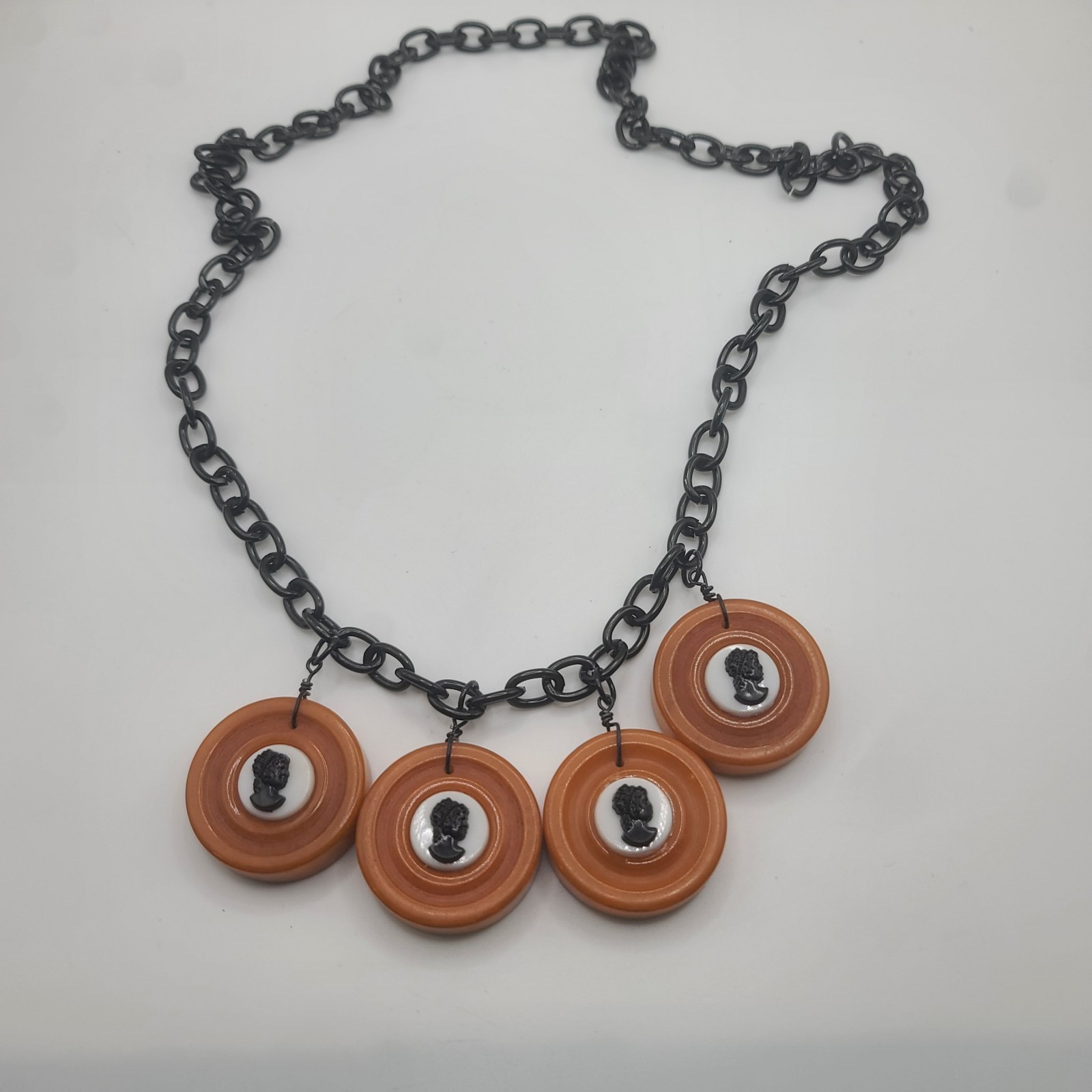 Vintage Bakelite Necklace Cameo Disc Butterscotch Black READ 24"