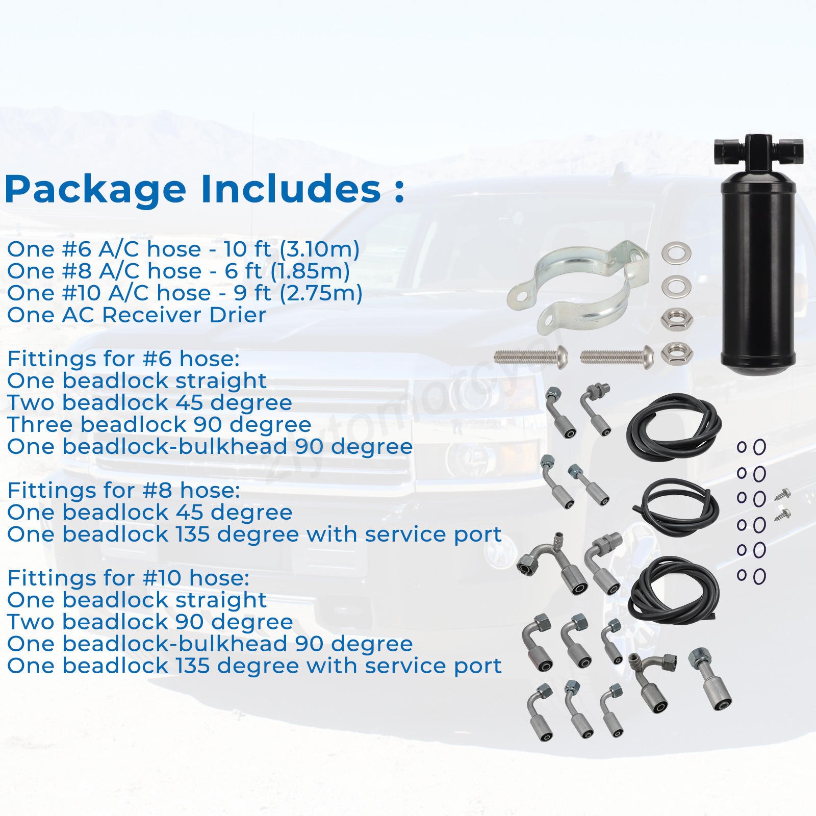 Universal 134a Air Conditioning A/C Extended Length Hose Line Kit Fittings Drier