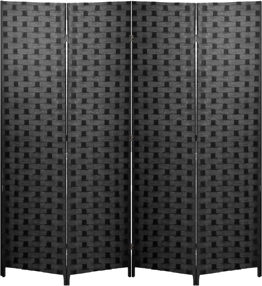 6FT Folding Wood Room Divider, 4-Panel Hand-Woven Screen, Black