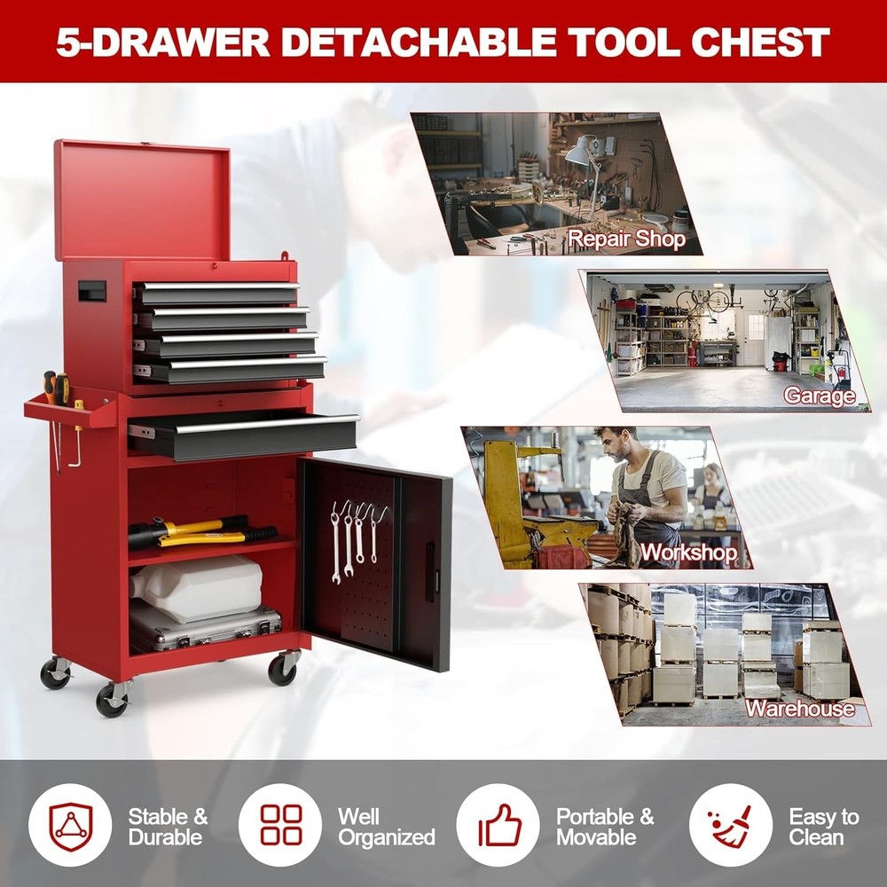 2 In 1 Rolling Tool Chest Tool Organizer Box w/ Lockable Wheels Garage Workshop