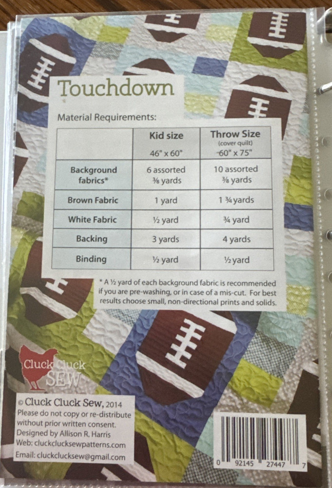 Cluck Cluck Sew Touchdown Quilt Pattern Two Sizes Football