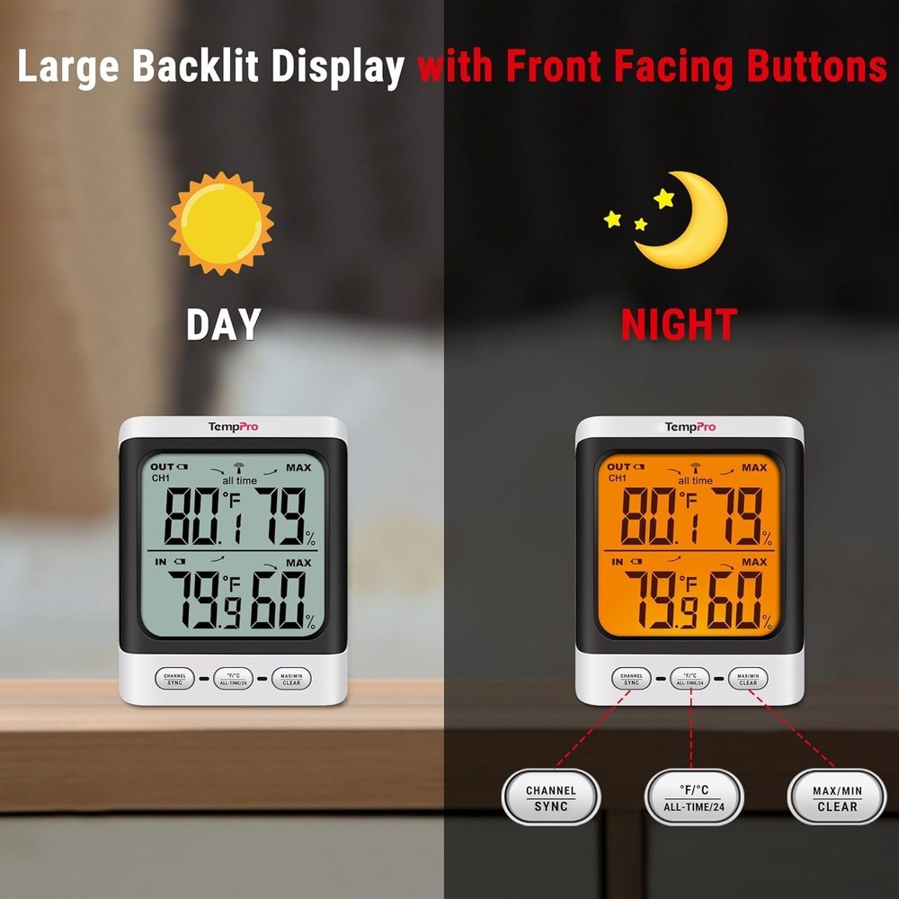 Large Backlit Display Outdoor Thermometer with Front Buttons
