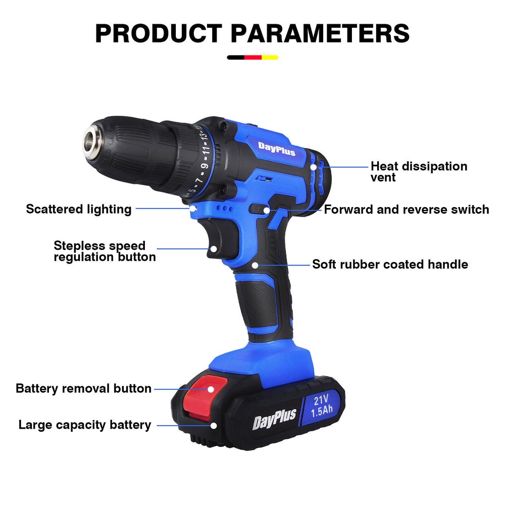 2 Speed 21V Electric Power Tools Cordless Drill / Driver with Bits Set & Battery