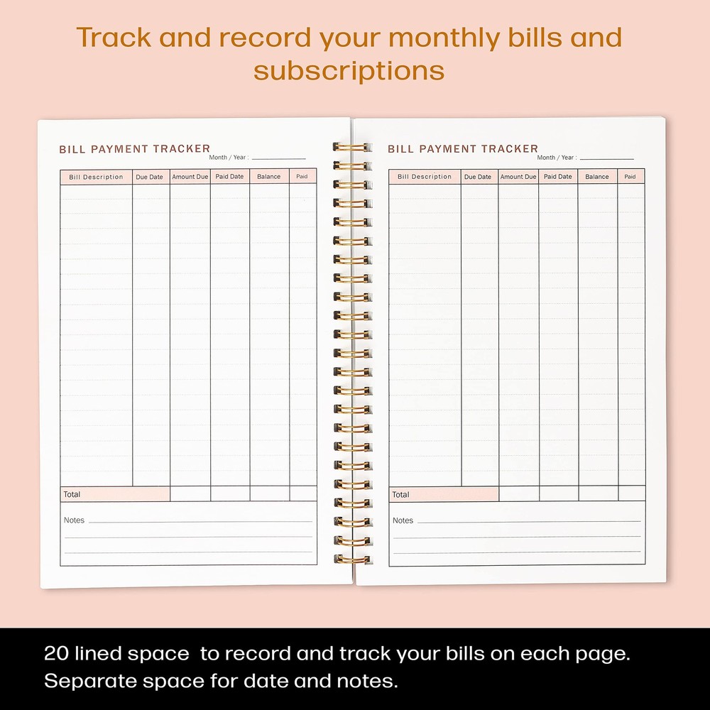 Bill Payment Tracker. A5 Notebook Bill Planner with Spiral Binding and Back P...