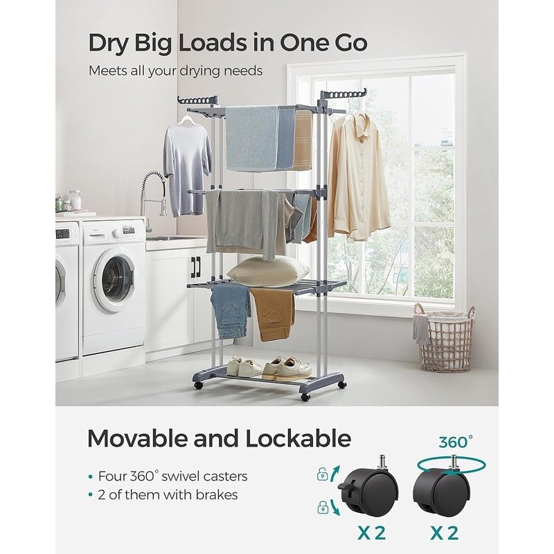 Large Capacity Folding Drying Rack Sturdy Rotating Wings Easy Move Laundry Stand