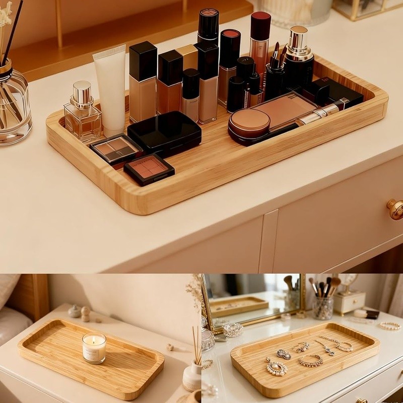 Bamboo Vanity Tray Organizer Bathroom Bedroom Entryway Storage Rectangular