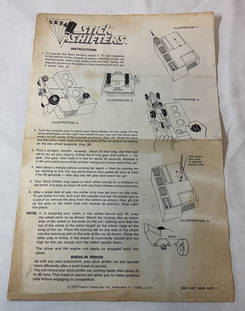 1972 Hasbro STICK SHIFTERS instructions sheet