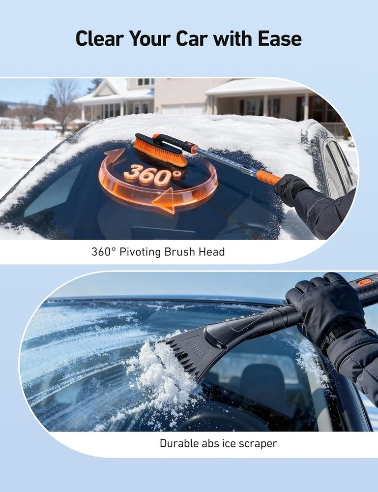 Multi-Function Ice Scraper and Snow Brush – 47.2” Adjustable Tool in Orange