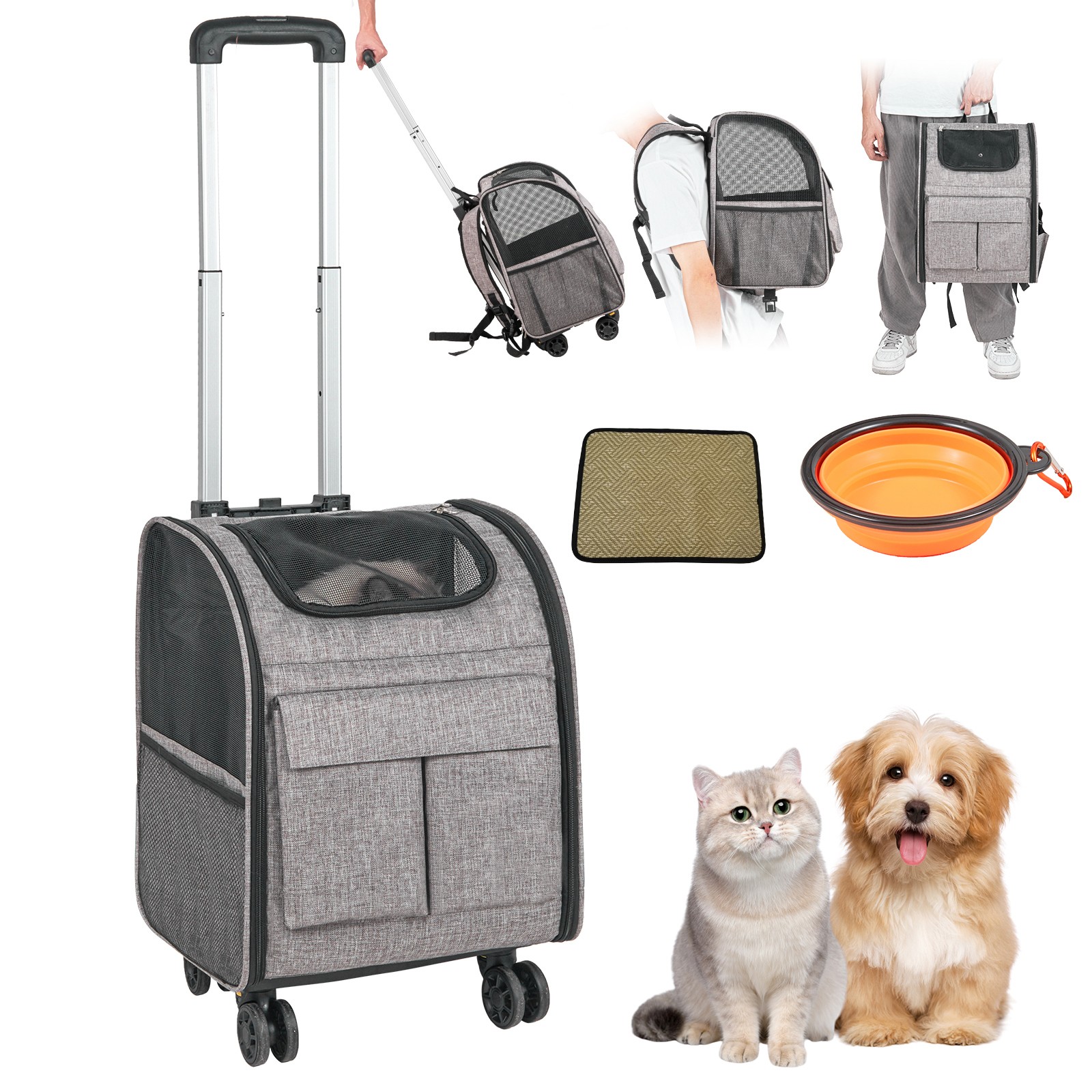 Cat Carrier with Wheels Rolling Pet Carrier with Handle 18 lbs Grey