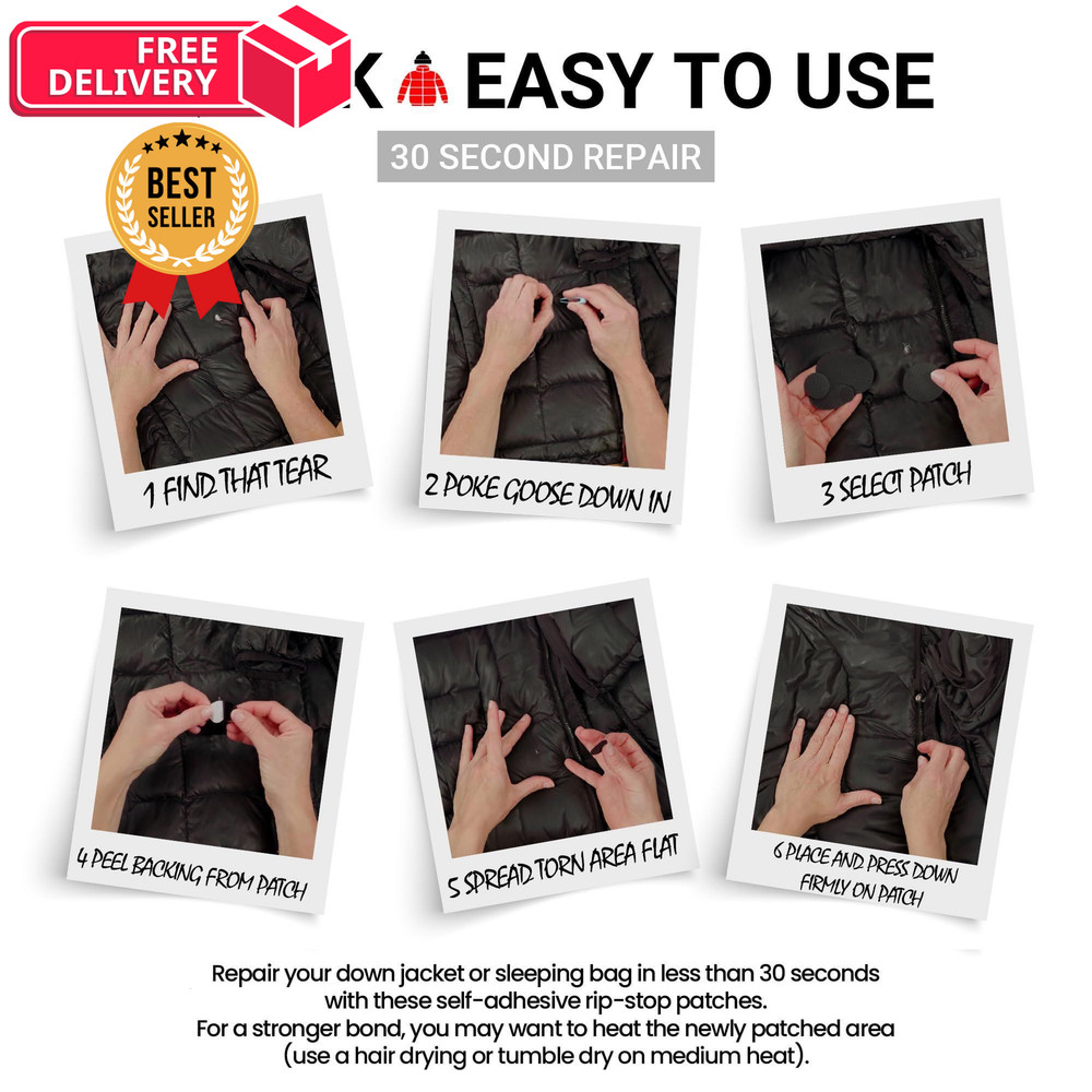 Self-Adhesive Waterproof Repair Patch Kit - 30-Second Fix for Down Black