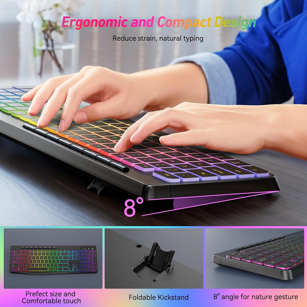 Wireless Keyboard and Mouse Combo With Backlit,2.4G Full Size Ergonomic Keyboard