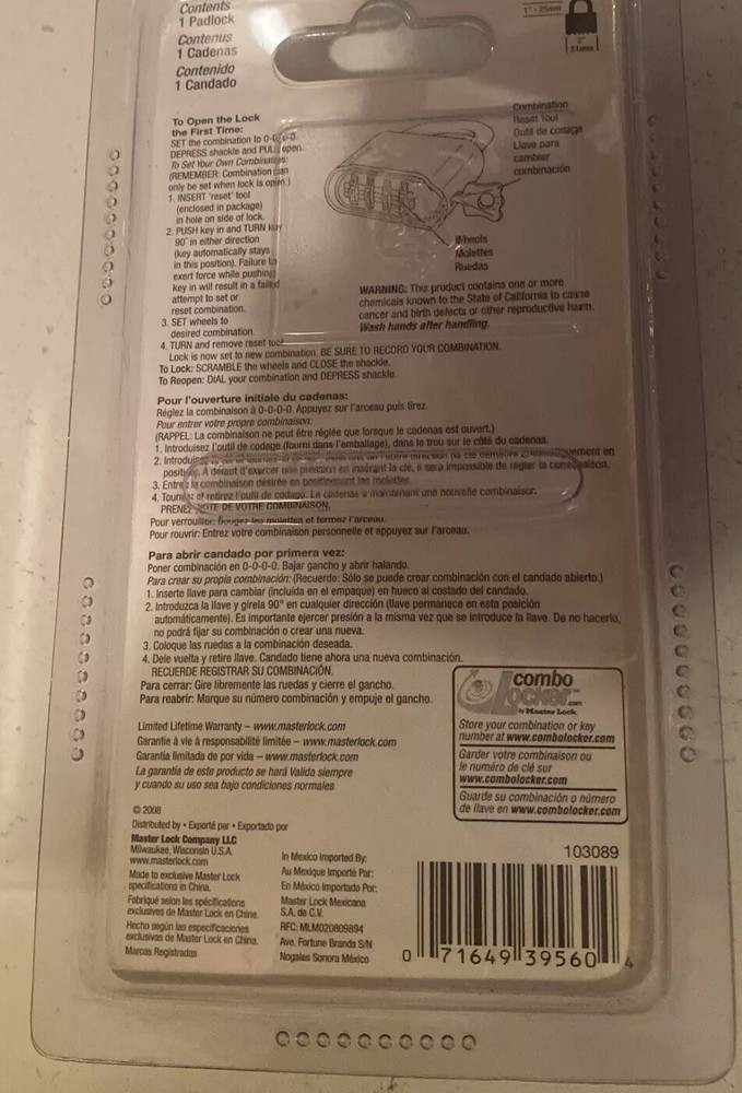 COMBINATION Padlock 2" Master Lock No. 175D Resettable, Set Your Own Combination