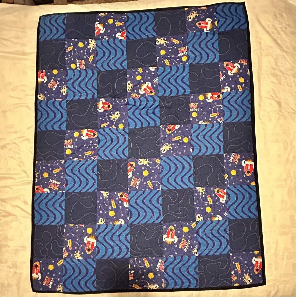 Handmade Patchwork Quilt Throw 47”x36” blue with space/rocket ships