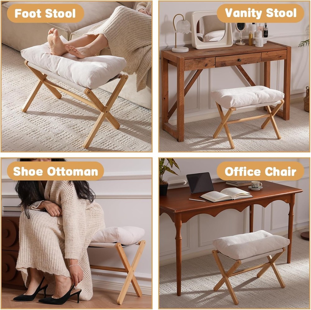 Ottoman Foot Rest- Bamboo Foldable Stool Foot Stools Small Ottman W/ Upholstered