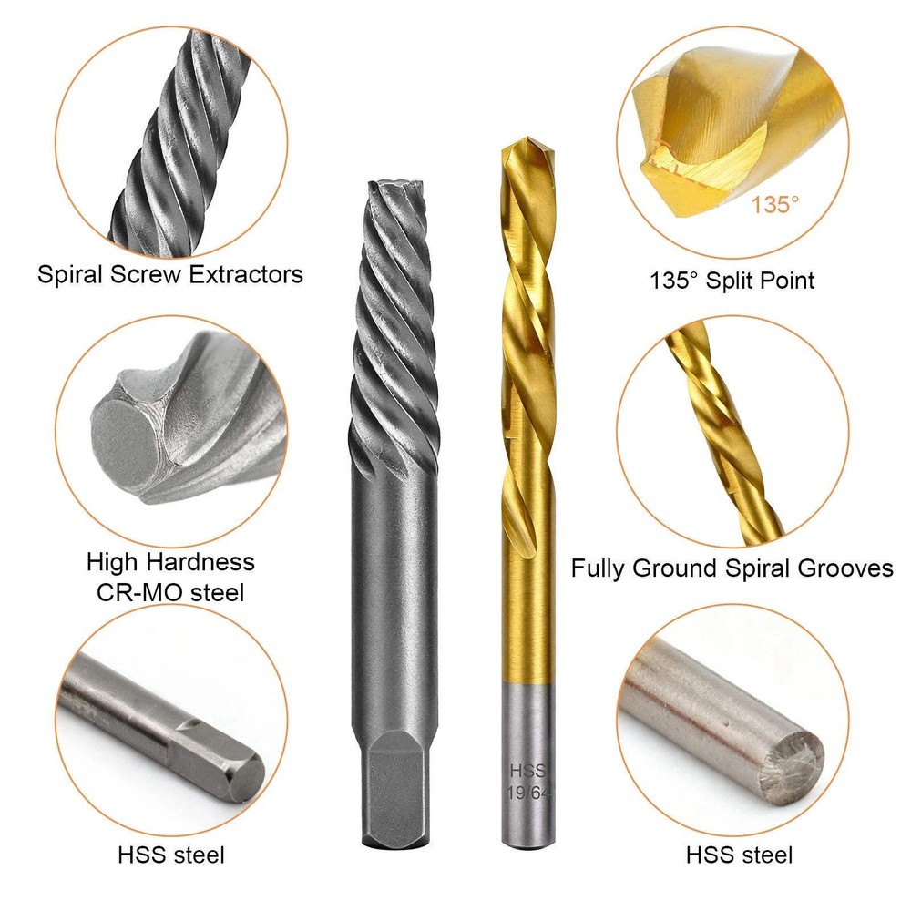 Screw Extractor Kit with CR-MO Extractor Tools & Reverse Bits for Industrial Use