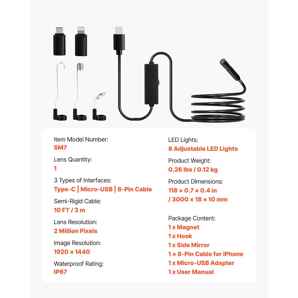 Endoscope Camera 1920P HD Borescope for Android & IOS with 10FT Cable