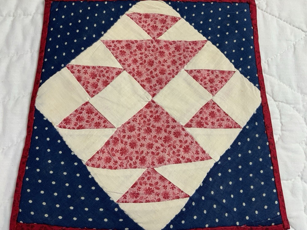 Antique Vintage Patchwork Quilt Table Topper, Four Patch W/ Triangles, Pink Navy