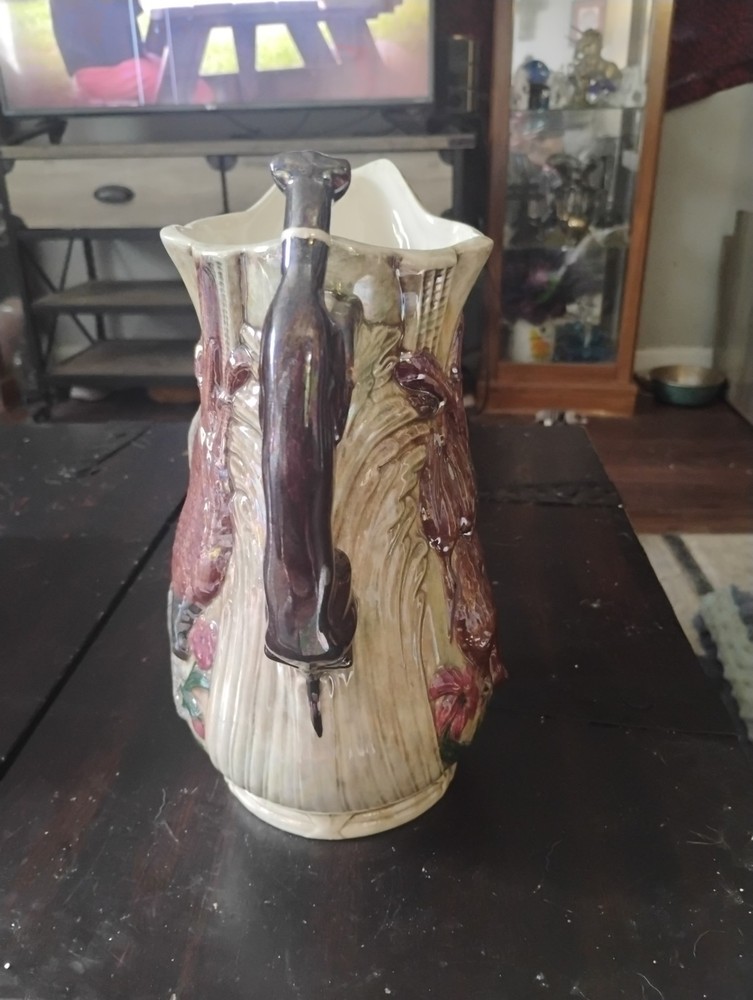 Vintage Hunting Ceramic Pitcher With Greyhound Handle Tiny Chip On Base