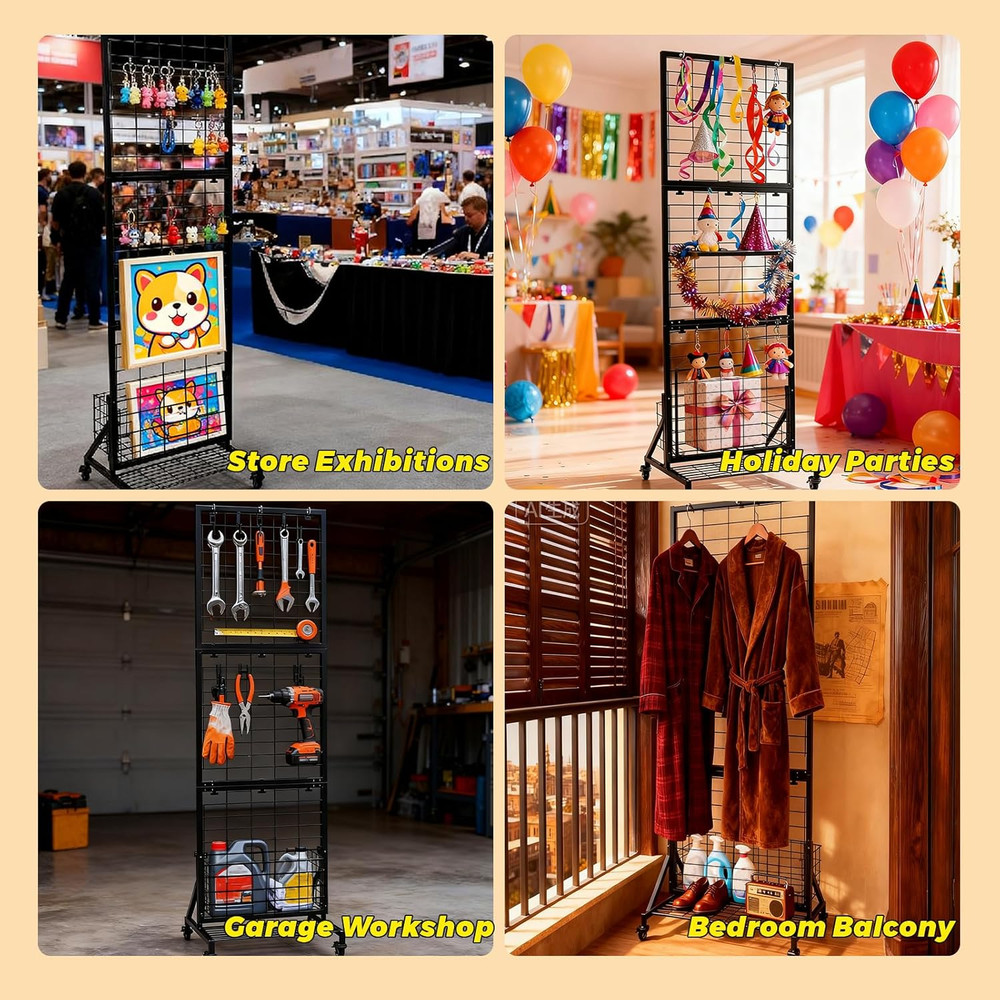 Foldable Grid Wall Panels with Baskets for Retail Display and Storage Solutions