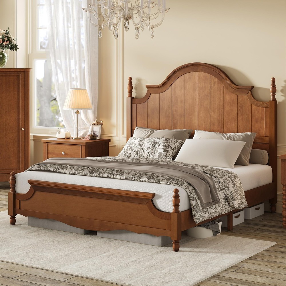 Solid Wood Queen Bed Frame with 56" Arched Headboard, Traditional Poste