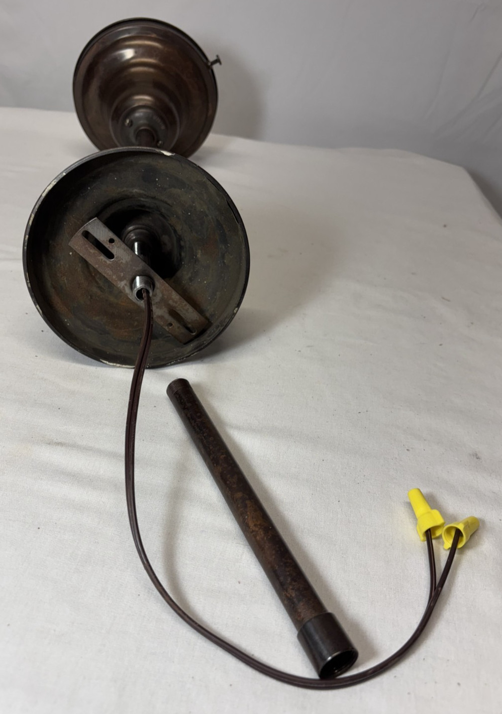 Schoolhouse Ceiling Light Fixture Vtg Art Glass Shade Black Stripes USA #L43