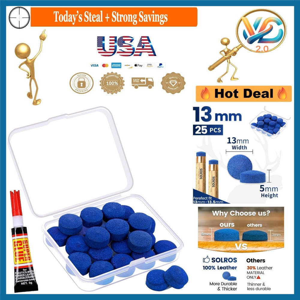 Pool Cue Tips Kit 25 Pcs 13mm Leather Replacement & Storage Box