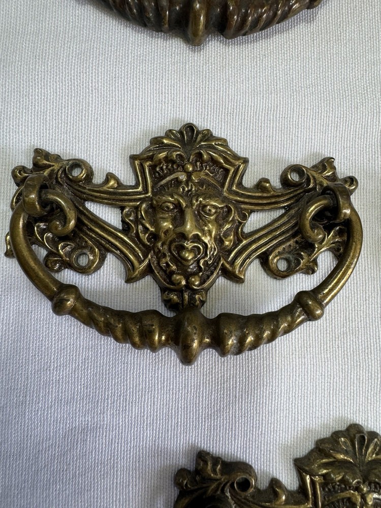 10 Rare Gothic Victorian Devil Face Brass Bail Drawer Pulls (8 Large & 2 Small)