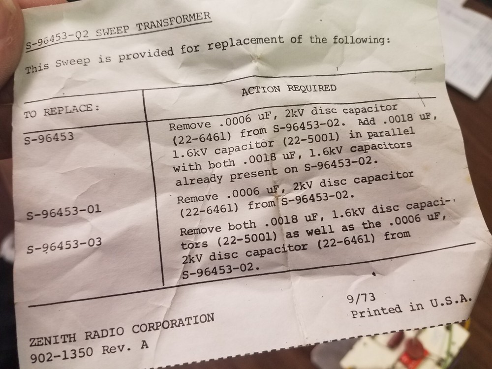 Vintage NOS New Zenith Sweep Transformer replacement part S-9645302