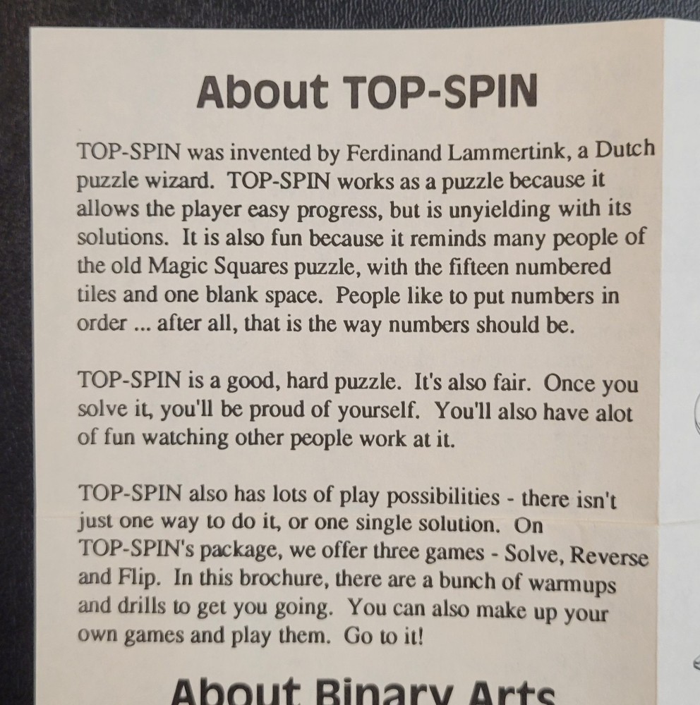 Vintage - Instructions ONLY - TOP-SPIN - Binary Arts