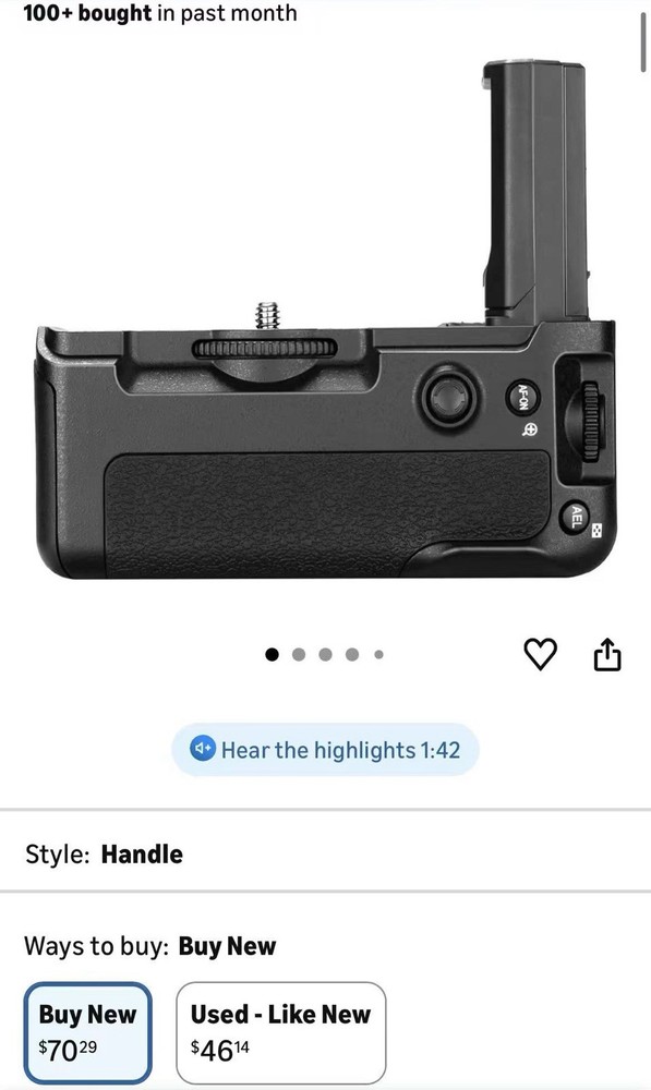 Battery grip Fits: SONY A9/A7RIII