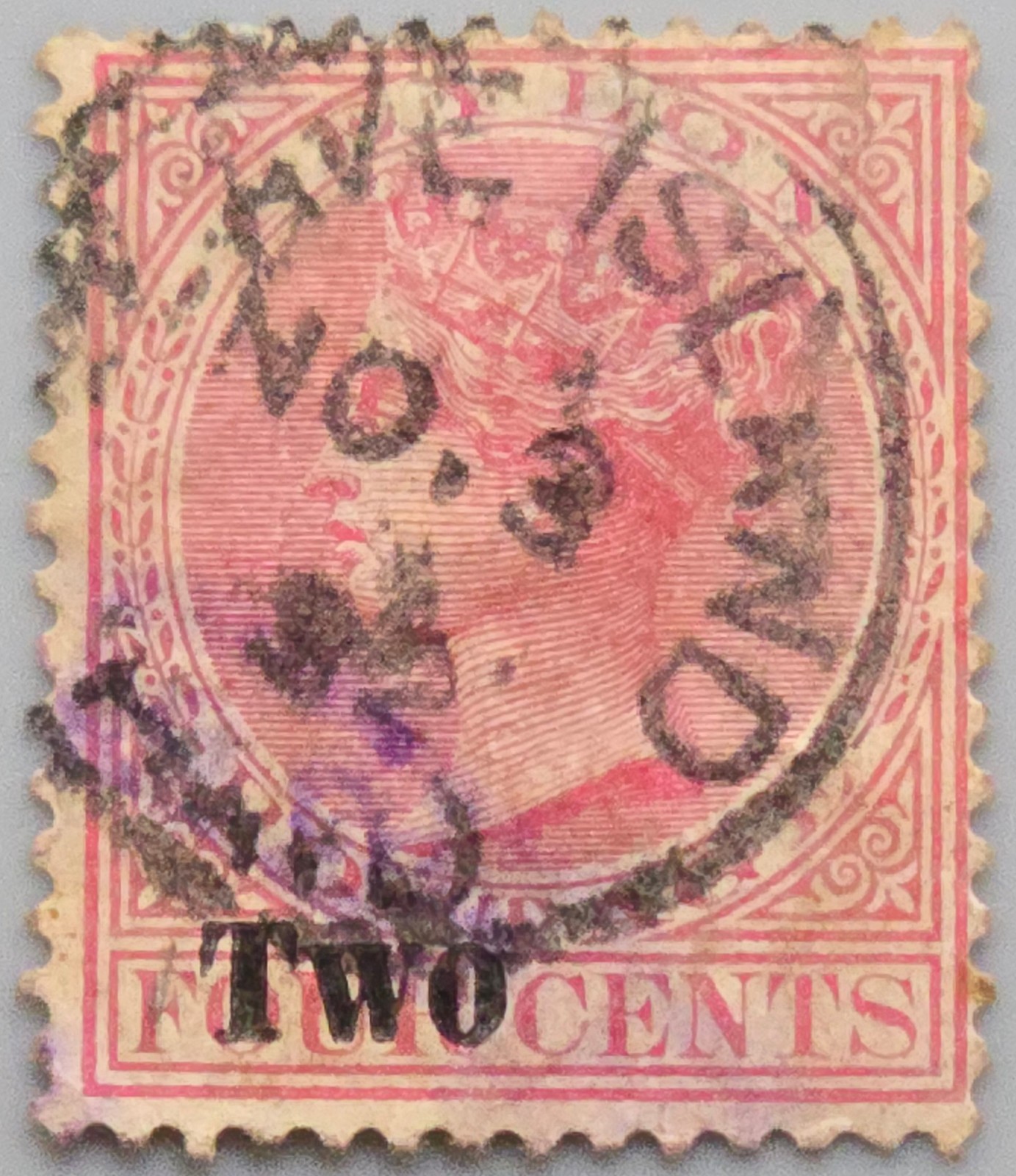 Ceylon 1888 QV "Two Cents" Surcharge on 4c Rose Used CDS Cancel Victorian Fault