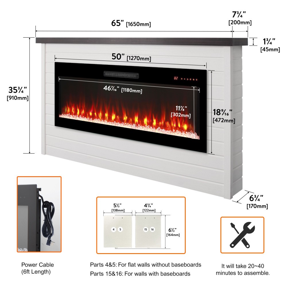 65" Electric Fireplace Wall Insert Vent Free 5000 BTU with Remote & Timer