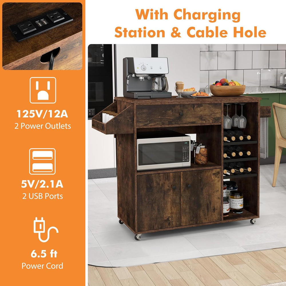 Rustic Brown Rolling Kitchen Island Cart with Drop-Leaf & Power Outlet
