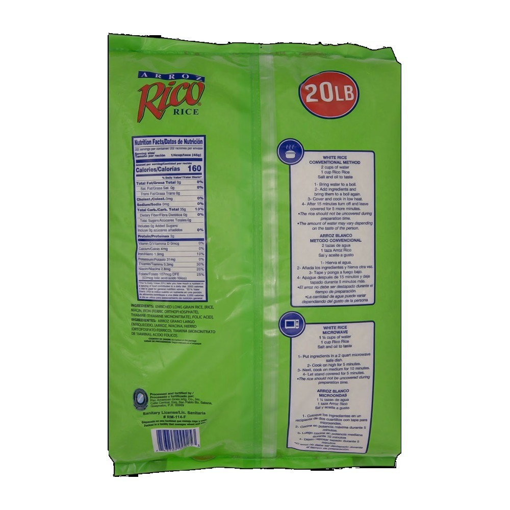 Long Grain Rice, 20 lbs, No Allergens Contained