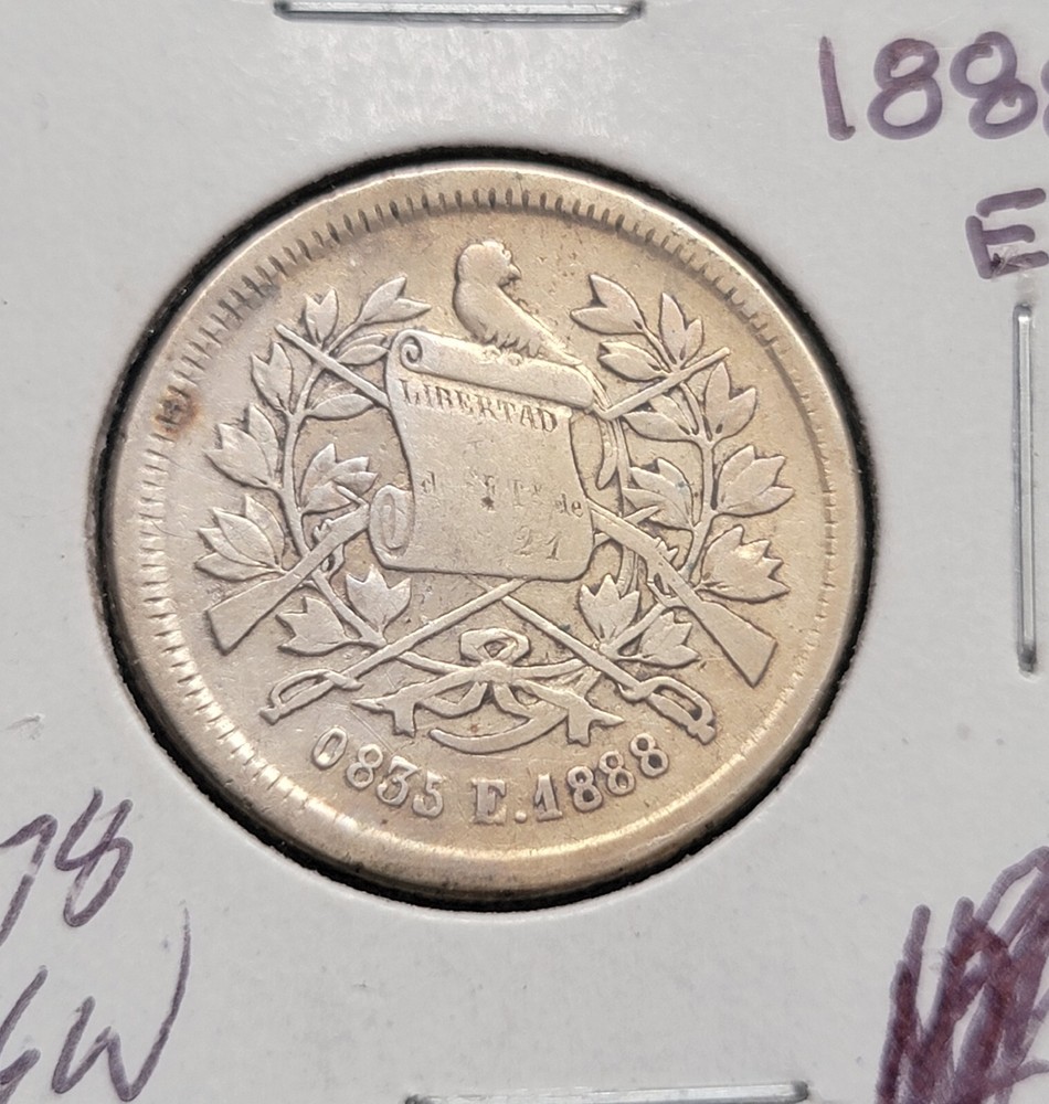 Guatemala 1888 E. 25 Centavos Silver Coin ➕️ F ➕️ 🇬🇹 ✅️