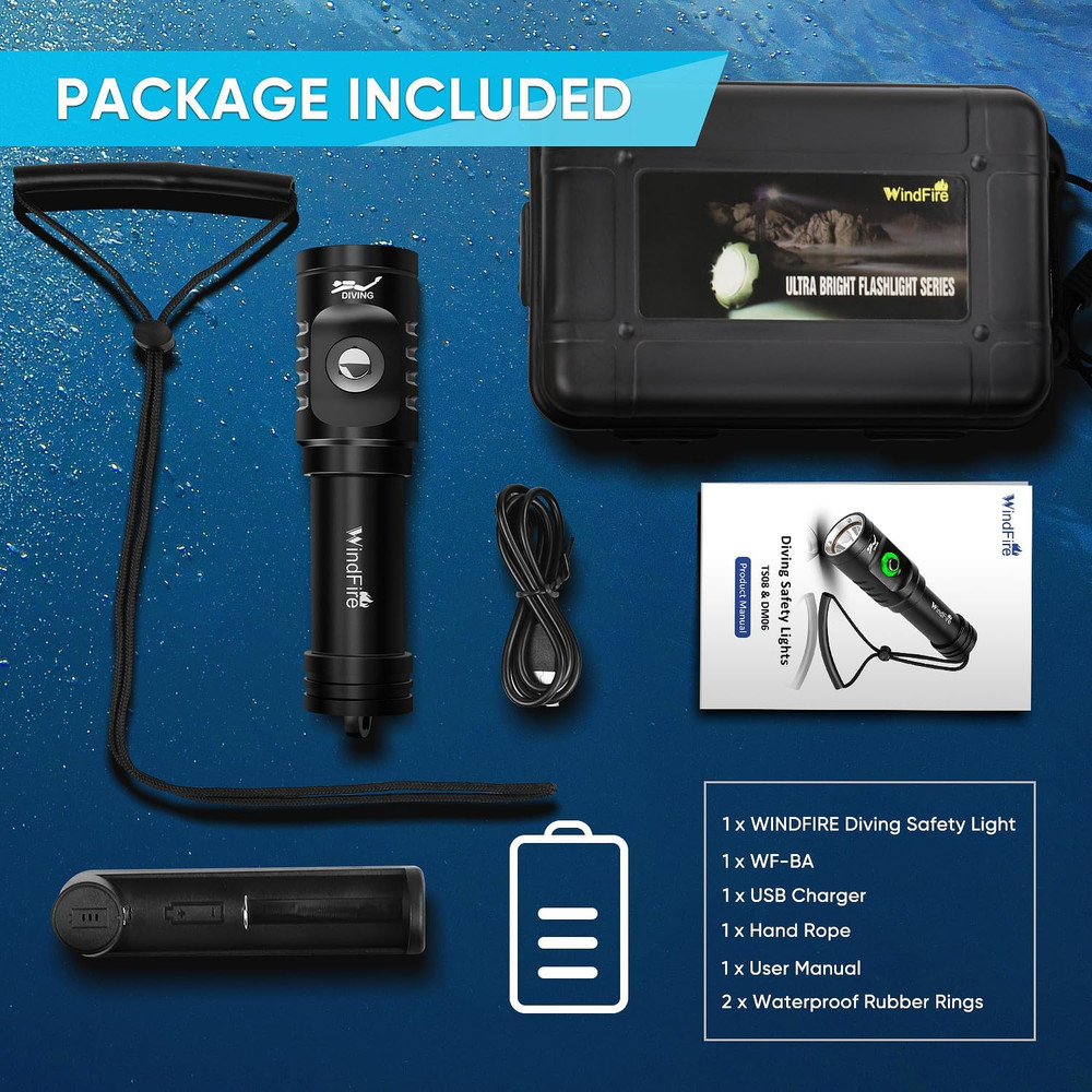 WINDFIRE Dive Light Scuba Diving Flashlight Dive Torch Rechargeable, 3 Modes Und