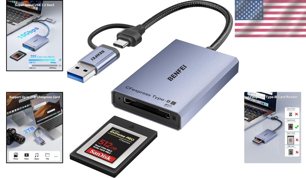 Durable Portable CFexpress Type B Card Reader - 2-in-1 USB Adapter with