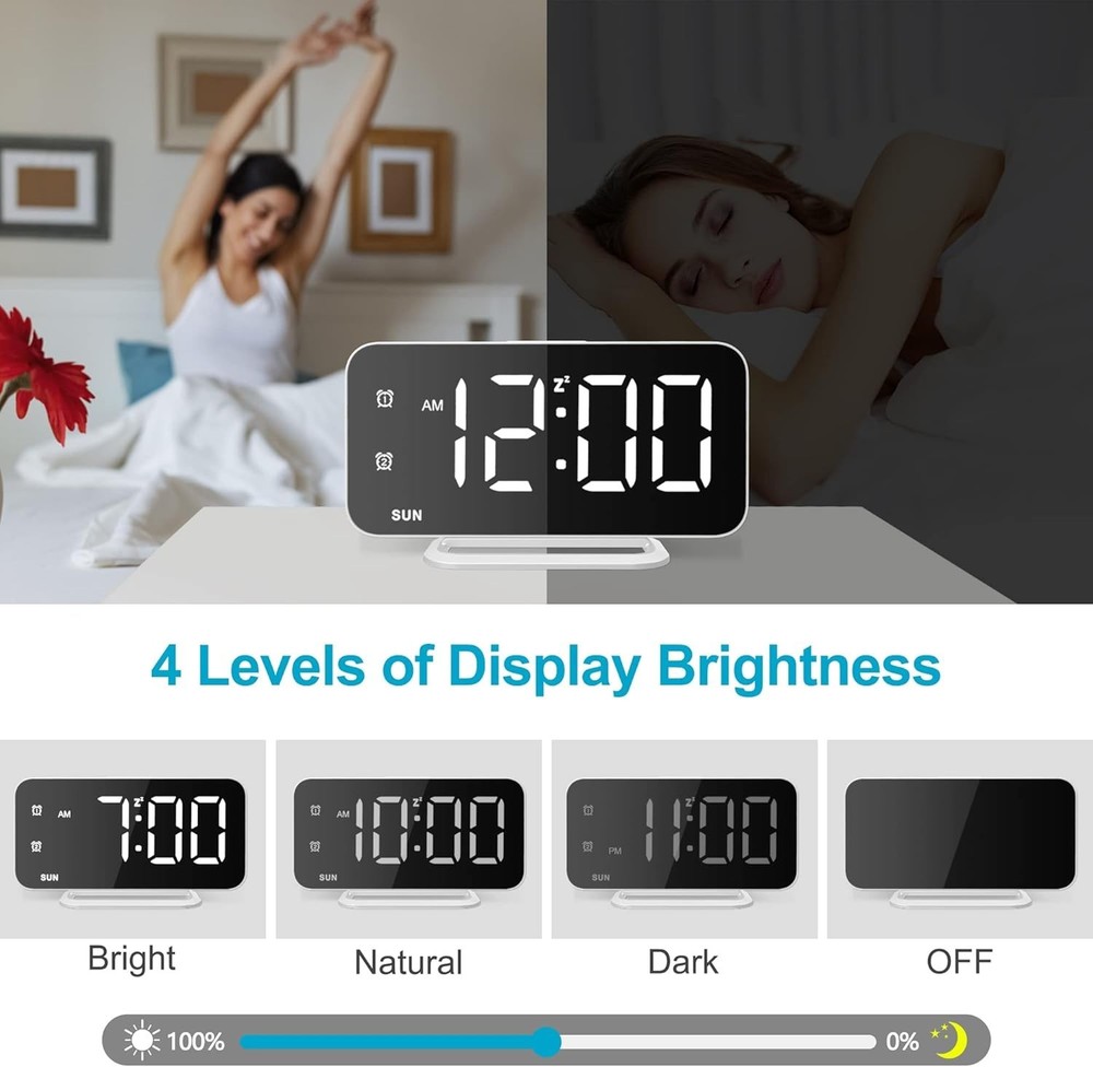 Slim LED Digital Alarm Clock, Mirror Surface for Makeup, with Diming, Large D...
