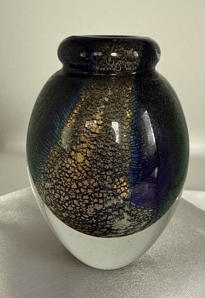 ROBERT EICKHOLT 3” Mini Vase IRIDESCENT GOLD BANDS ~ 1997 SIGNED EUC