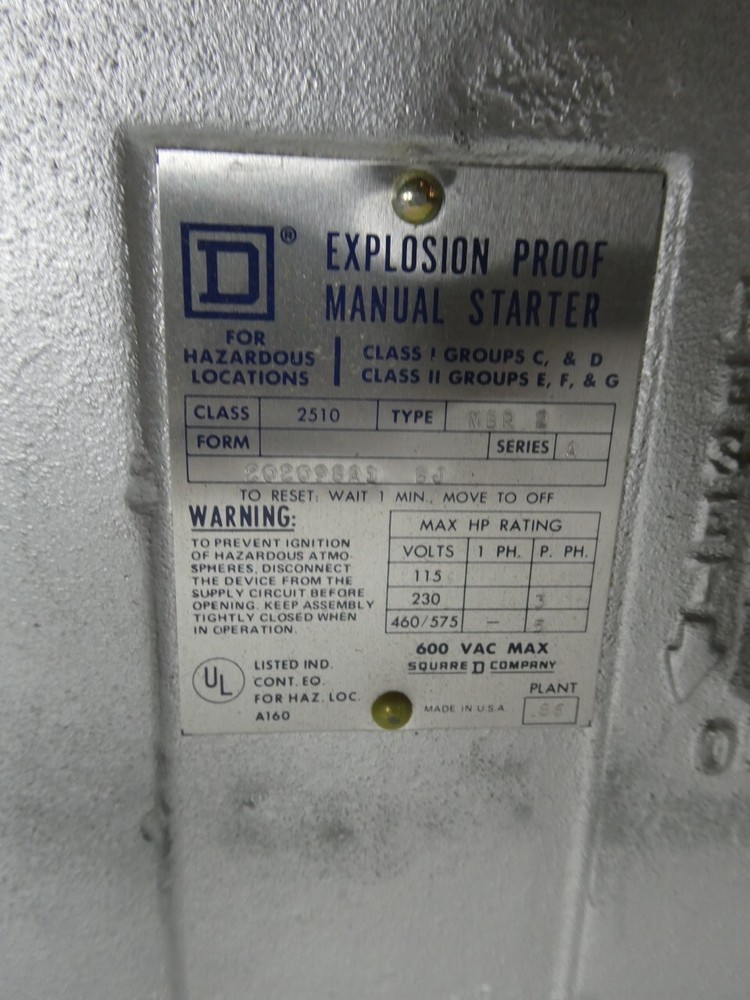 Square D 2510 MBR-2 Explosion Proof 5hp Manual Starter