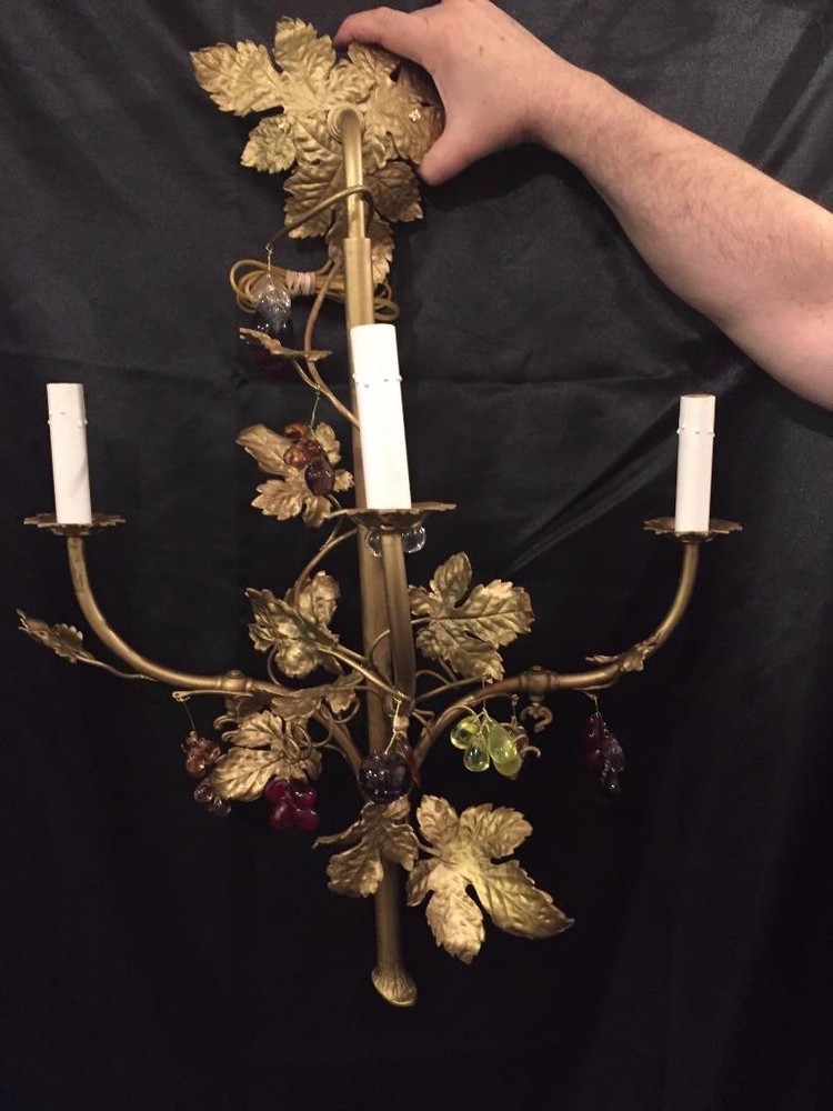 FRENCH ANTIQUE SOLID BRASS GRAPE LEAVE SCONCE WITH MULTI COLOR FRUIT CRYSTALS