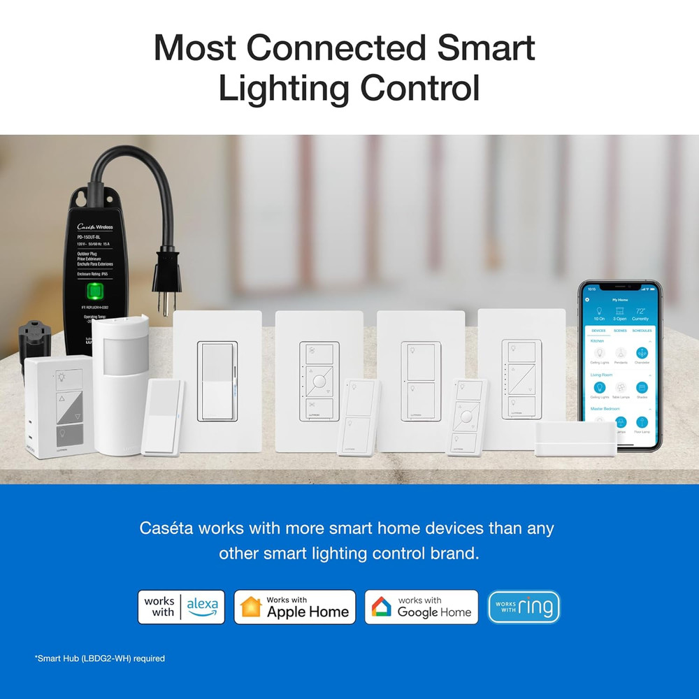 Lutron Caseta 3 Way Smart Dimmer Light Switch Kit, Includes Pico Remote, Bracket