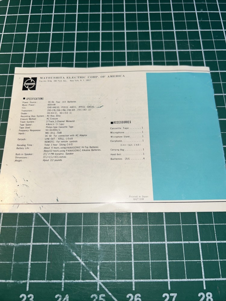 Panasonic RQ-210S Solid State Cassette Tape Recorder INSTRUCTIONS ONLY