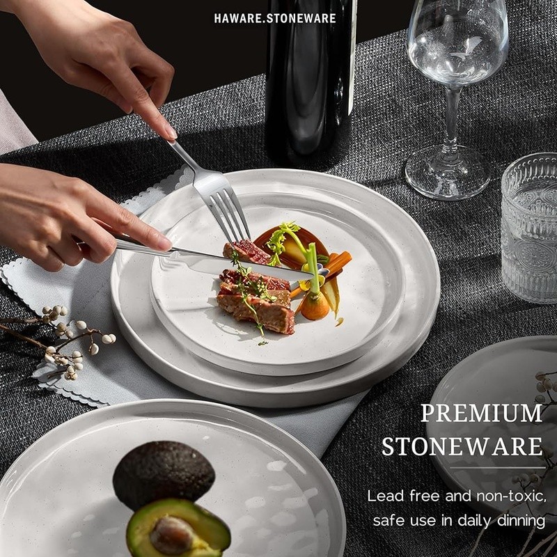 12 Piece Cosmos Ripple Stoneware Dinnerware Set Durable Safe Stackable Home Use
