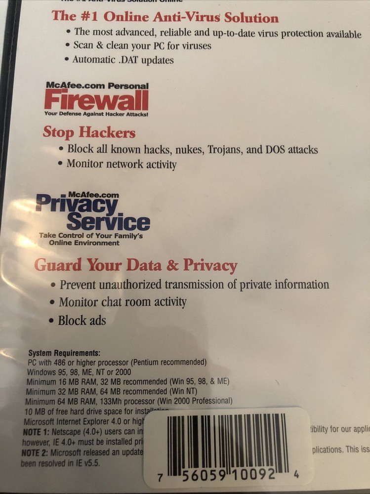 McAfee Online Security Package VirusScan Firewall Privacy Service