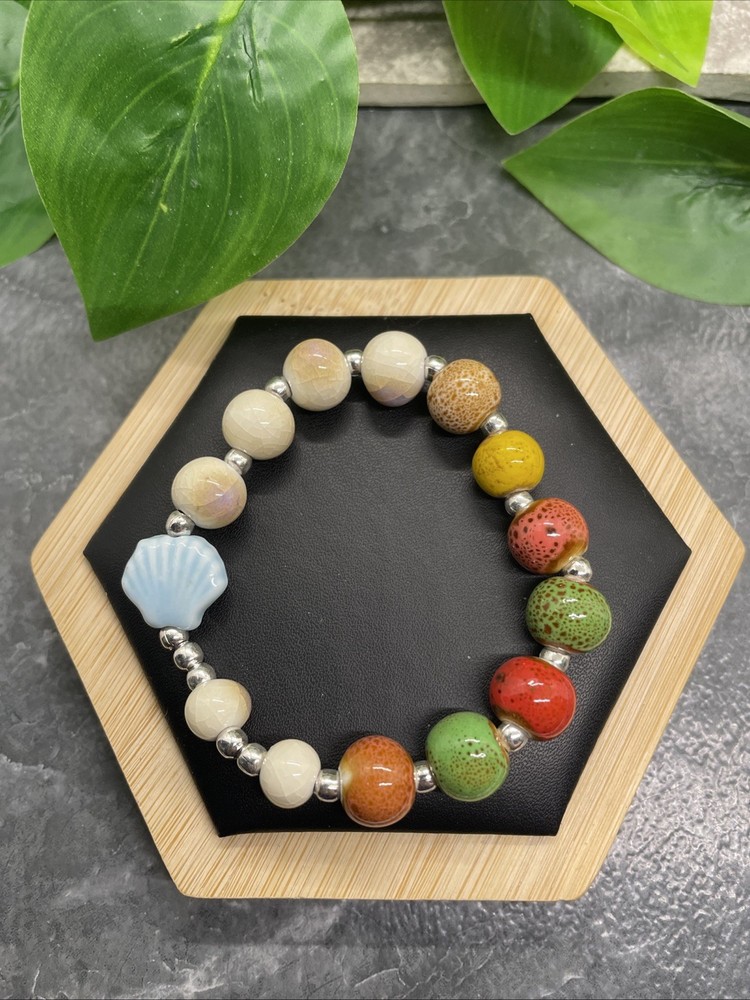 Handmade Ceramic Bead Beaded Stackable 6.5” Plus Stretch Bracelet New B299