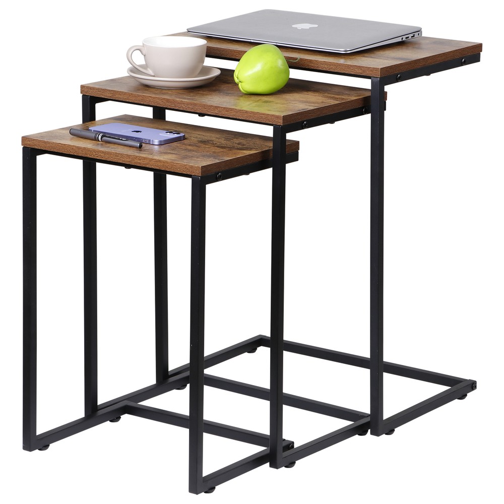 Nesting Coffee Table Set of 3 Stacking C-Shape Accent End Table with Metal Frame