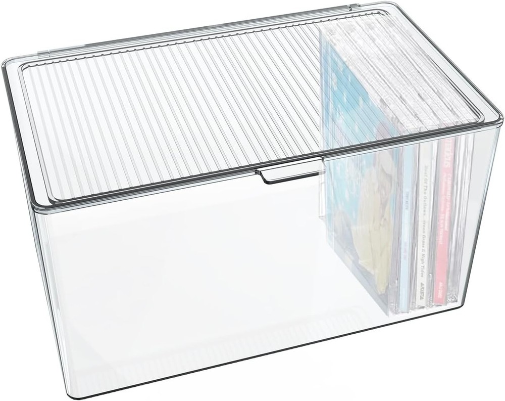 Clear CD Storage Box W/ Lid Plastic CD Holder Stand Stackable CD DVD Desk Rack
