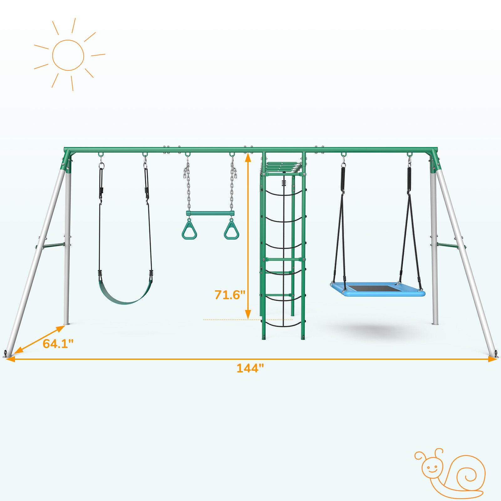 Heavy Duty Kids Metal Swing Set with 2 Swings Ladder and Monkey Bar for Backyard