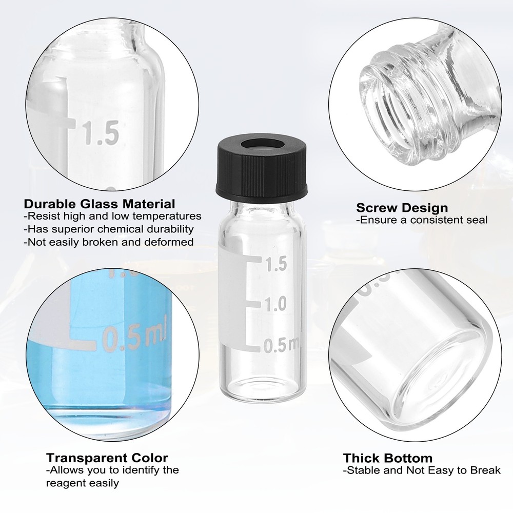 200 Pack 2ml Autosampler Vial Sample Vial Pre-Slit Septa with Black Cap, Clear